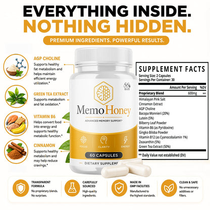 Memo Honey Capsules, MemoHoney Formula Supplement Pills 5-Pack 300 Capsules