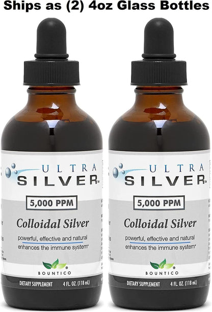 Ultra Silver® Colloidal Silver | 5,000 PPM, 8 Oz (236mL) | Ships as (2) 4 Ounce Glass Bottles | Mineral Supplement | True Colloidal Silver - with Dropper