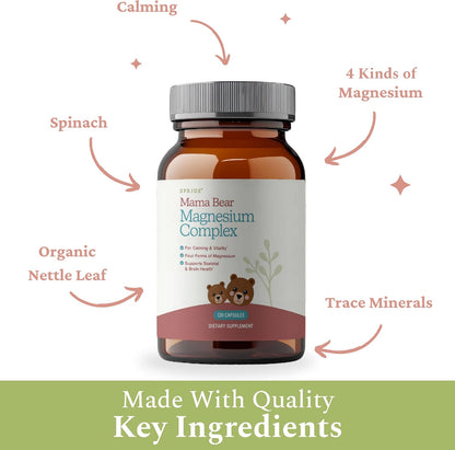 Mama Bear Magnesium Complex Supplement, 120 Capsules | 4 Forms - Glycinate, Citrate, L-Threonate & Elemental, Plus Nettles & Spinach Support Nutrition, Calm & Skeletal & Brain Health