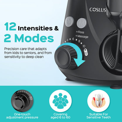 COSLUS E2 Water Dental Flosser for Teeth, Multi-User Family Use, Green