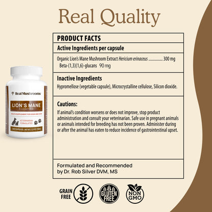 Real Mushrooms Lion’s Mane Pet Mushroom Supplement – Pet Wellbeing Capsules – for Cat & Dog Supplement & Vitamins – Support Mindful Routines – Organic, Vegan, Non-GMO, 120 Count