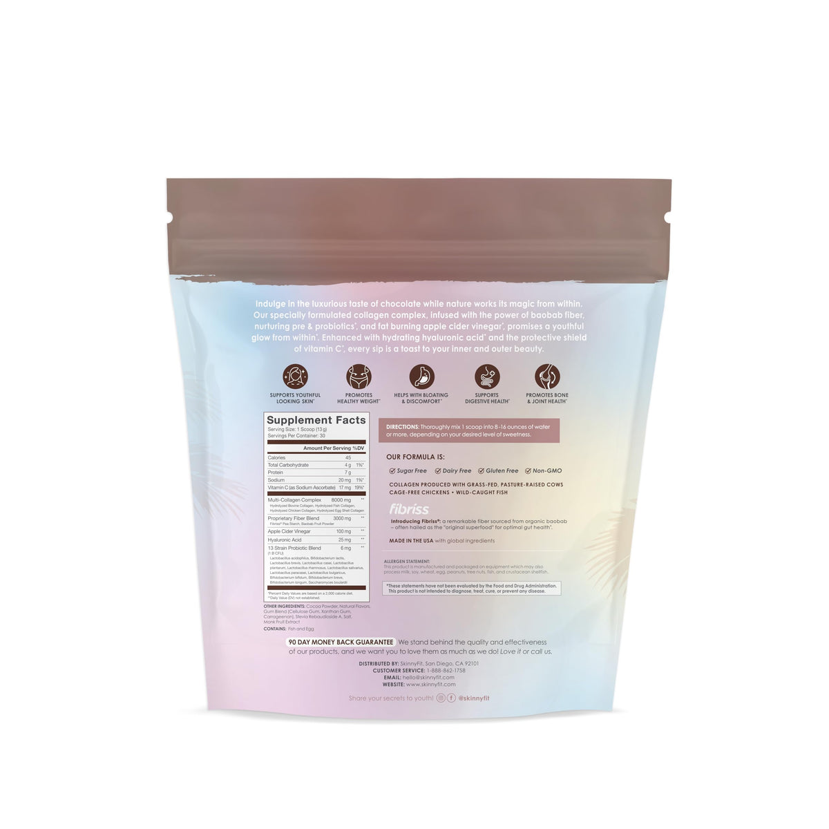 SkinnyFit Super Youth Chocolate Multi-Collagen Peptides + Probiotics, Baobab Fiber