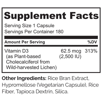 NATURELO Vitamin D - 2500 IU - Plant Based from Lichen - Natural D3 Supplement for Immune System, Bone Support, Joint Health - Vegan - Non-GMO - Gluten Free - 180 Capsules
