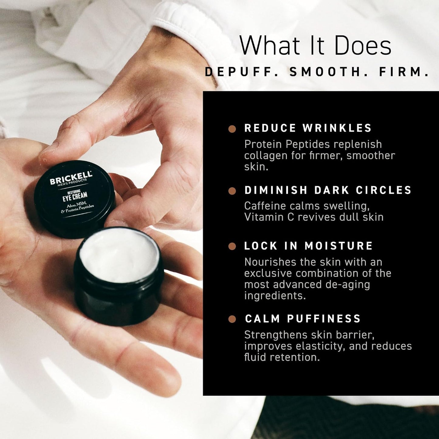 Brickell Men's Restoring Under Eye Cream for Men, Anti Aging Eye Balm To Reduce Puffiness, Wrinkles, Dark Circles, Crows Feet & Eye Bags, Caffeine, Hyaluronic Acid & Protein Peptides, 0.5oz, Unscented
