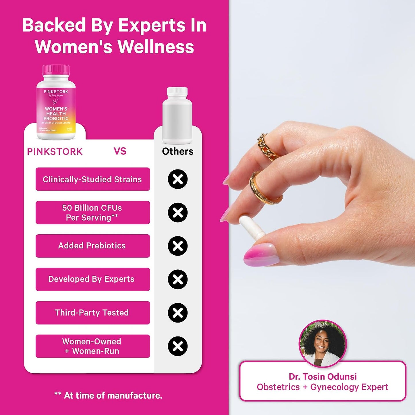 Pink Stork Women's Probiotic, 50 Billion CFU | Clinically Studied Strains | Vaginal, Gut, Urinary + Hormone Support | pH Balance, Yeast & Odor | Probiotic Prebiotic Blend | 30 Vegan Capsules