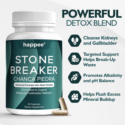 Happee Chanca Piedra Stone Breaker Kidney & Gallbladder Cleanse – Kidney Stone Dissolver & Passage Support - High Potency Phyllanthus Niruri with Magnesium, Potassium & Herbal Blend - 60 Capsules
