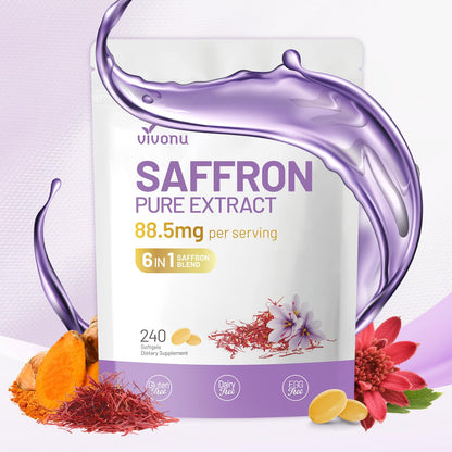 Saffron Supplements Softgels, Saffron Extract Capsules Supports Eyes Health, Energy, Mood, Immunity, Focus, Rich in Vitamin and Extracts of Saffron, Turmeric, Rosemary (240 Softgels / 1 Bag)