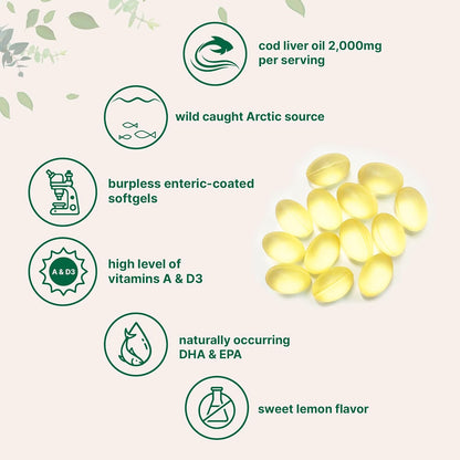 Cod Liver Oil 2,000mg Per Serving, 360 Softgels | Burpless Lemon Flavored – Rich in Omega 3, Vitamins A & D3, EPA, DHA | Wild Caught Arctic Deep Sea Fish | Heart, Brain, & Immune Supplement