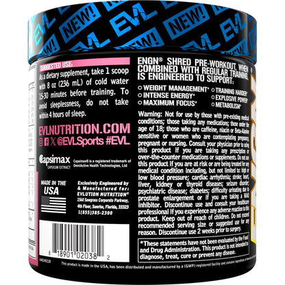 EVL Ultimate Pre Workout Powder - Thermogenic Fat Burner Preworkout Powder Drink for Lasting Energy Focus and Stamina - ENGN Shred Intense Fat Burning Creatine Free Preworkout Drink - Cherry Limeade