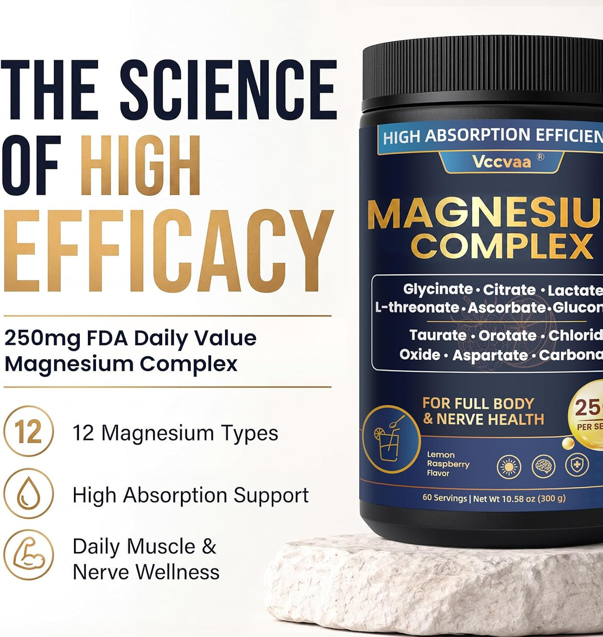 Magnesium Complex Powder Supplement with Glycinate, Citrate, Malate, Magnesium Complex with L-threonate for Muscle, Heart & Brain, Vegan (60 Servings) Lemon Raspberry