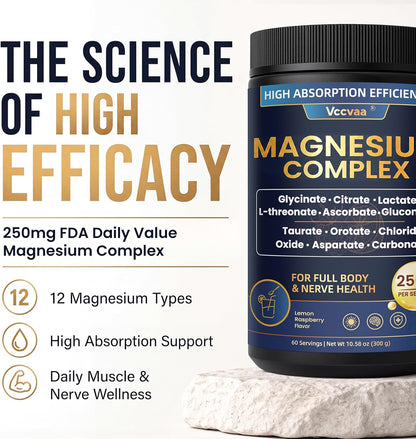 Magnesium Complex Powder Supplement with Glycinate, Citrate, Malate, Magnesium Complex with L-threonate for Muscle, Heart & Brain, Vegan (60 Servings) Lemon Raspberry