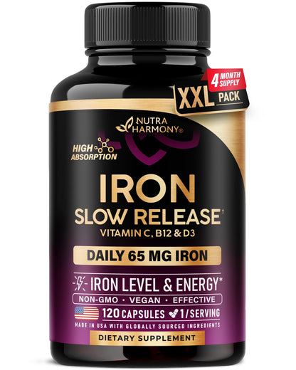 Iron Supplement for Women - Iron 65mg (Ferrous Sulfate 325mg) - Stomach Friendly | Slow Release | High Absorption - Vitamins C, D3, B6, B12 & Folate - Energy Support - 60 Capsules, 2 Month Supply