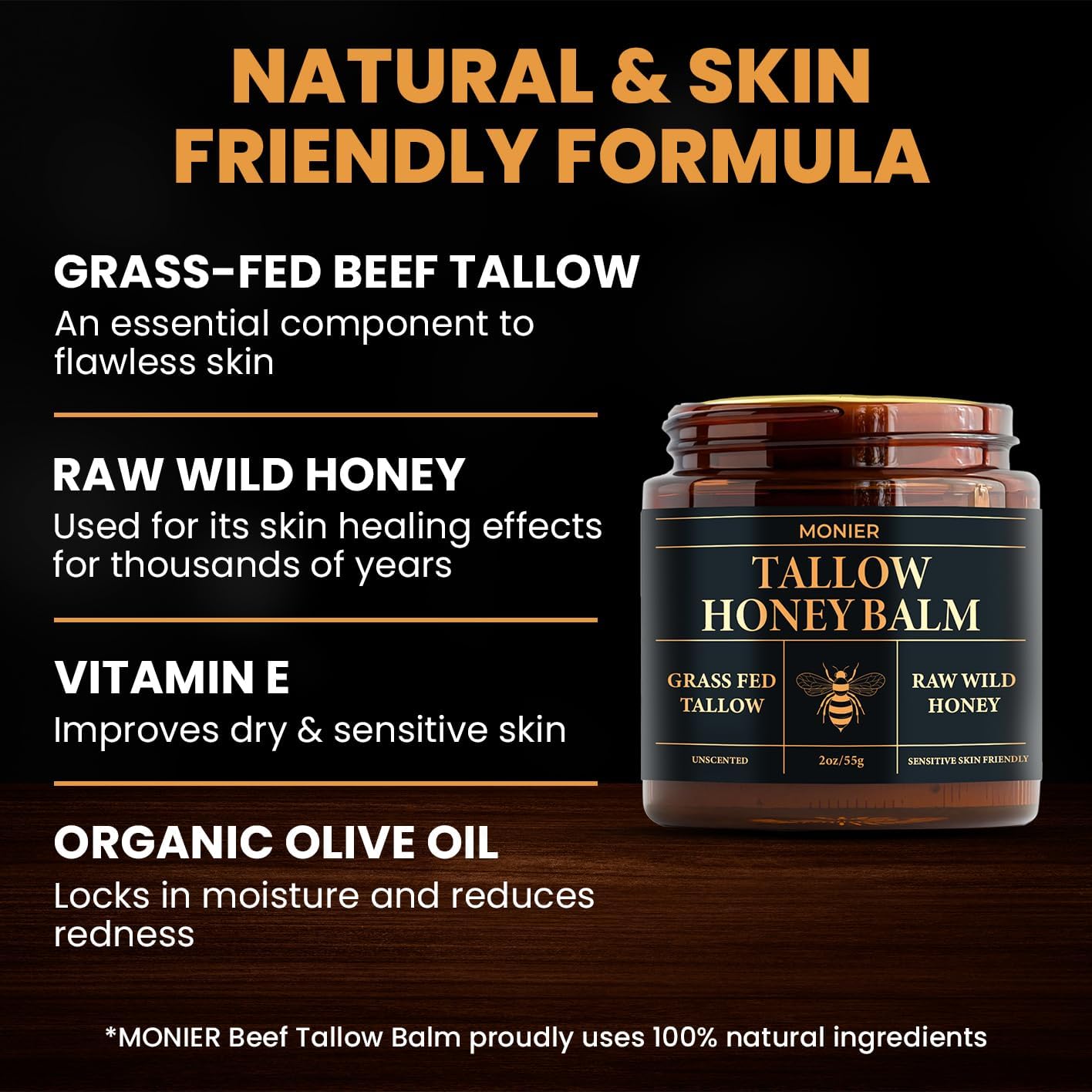 MONIER Beef Tallow and Honey Balm for Skin and Face – Moisturizer | 100%Organic Grass-Fed Beef Tallow & Raw Wild Honey, Natural Formula For Dry & Sensitive Skin, 2oz, Unscented