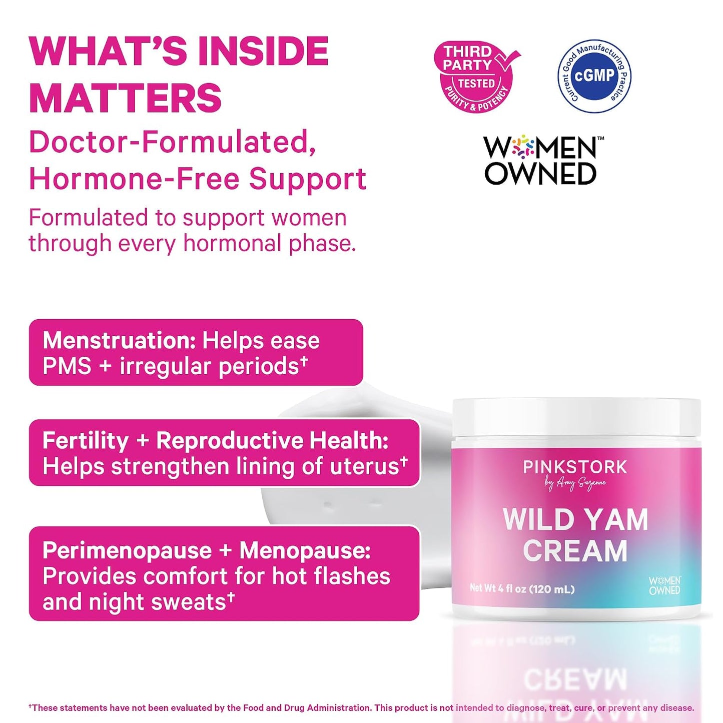 Pink Stork Wild Yam Cream for Hormone Balance - Unscented, 4 oz | Doctor-formulated hormone-free topical cream. PMS, fertility, perimenopause + menopause support. cGMP tested, fragrance-free.