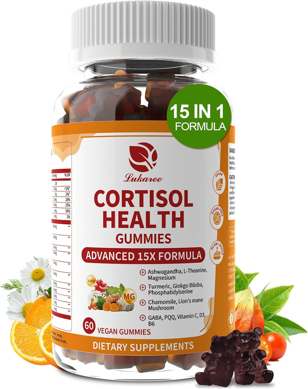Lukaree Cortisol Supplements for Women & Men, 15 in 1 Cortisol Reducer Manager, Cortisol Calm Gummies with Ashwagandha, Magnesium, L-theanine, GABA - for Mood, Focus, Sleep - Vegan Sugar Free, 60 Ct.
