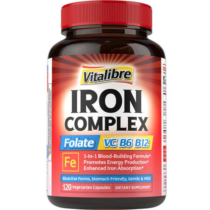 Iron Supplement for Women & Men, with Vitamins C, B6, B12 & Folate | for Iron Deficiency, Blood Building & Energy Support, Stomach Friendly, Better Absorption, Non-GMO, No Gluten, 60 Vegan Caps