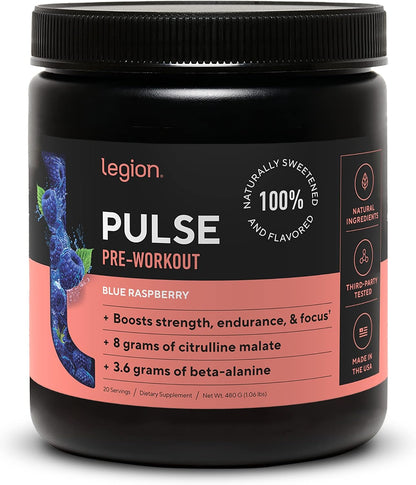 LEGION Pulse Pre Workout Supplement - All Natural Nitric Oxide Preworkout Drink to Boost Energy, Creatine Free, Naturally Sweetened, Beta Alanine, Citrulline, Alpha GPC (Fruit Punch & Blue Raspberry)