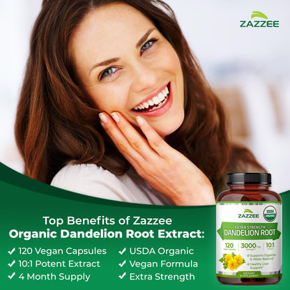 Zazzee USDA Organic Dandelion Root 10:1 Extract, 120 Capsules, 4 Month Supply, Liver & Detox Support, Taraxacum Officinale, Organic Herbal Supplement, All-Natural, Non-GMO, Made in the USA