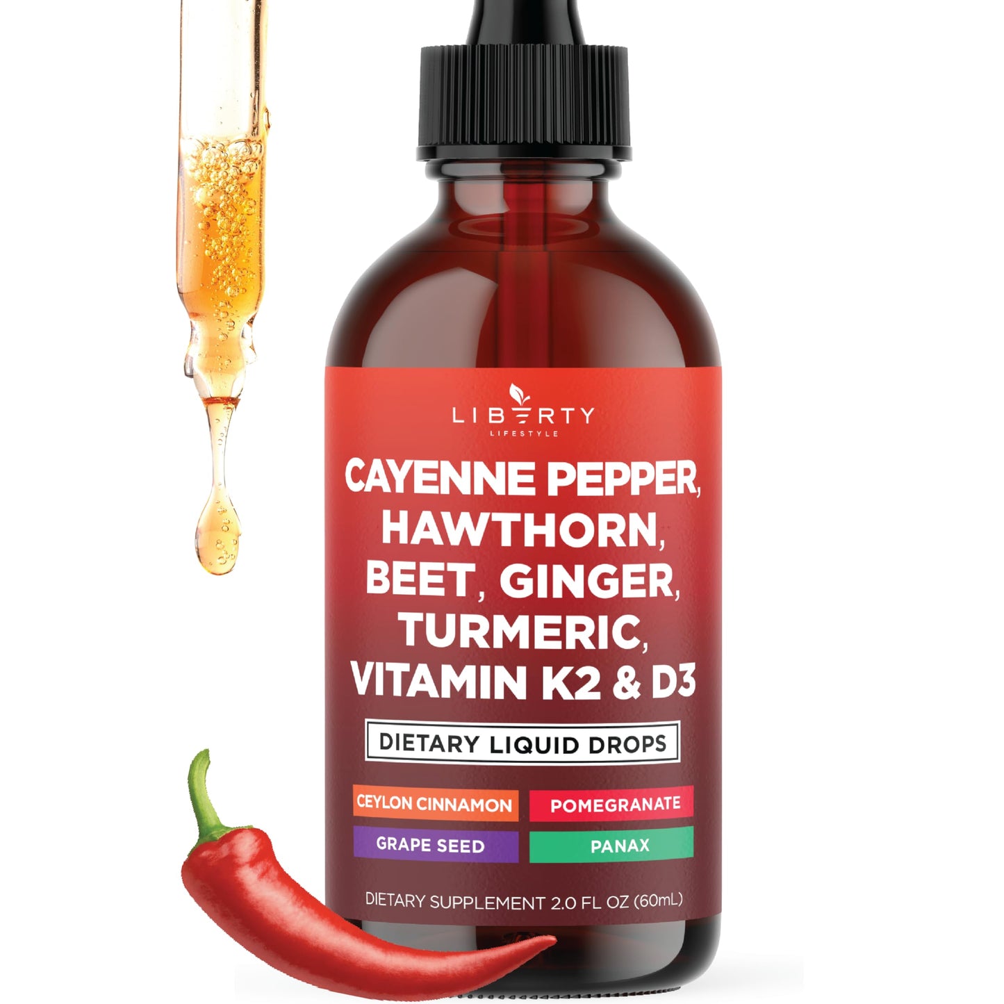 Cayenne Pepper Supplement Liquid Drops + Hawthorn Berry, Vitamin D3 K2 Beet Root Powder, Ceylon Cinnamon, Turmeric Curcumin, Organic Panax Ginseng - 4oz