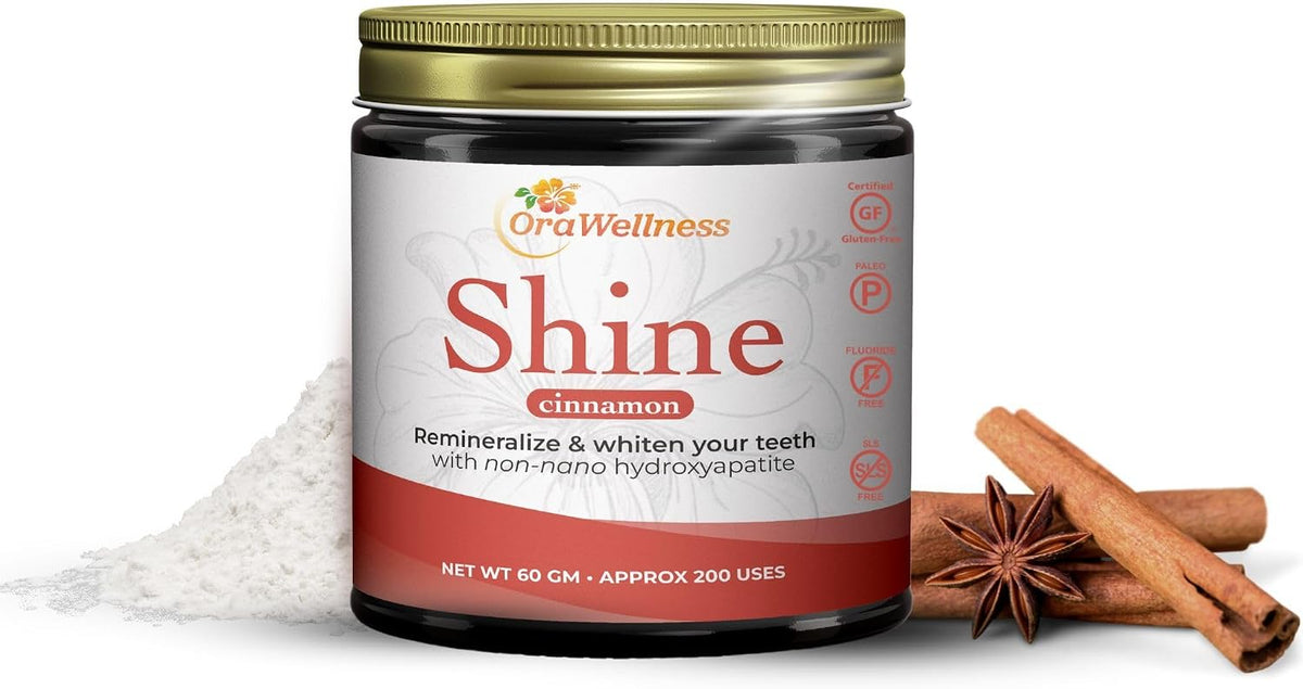 OraWellness Shine Cinnamon Remineralizing Tooth Whitening Powder + BrushEco Bamboo Toothbrush with 4 Rows