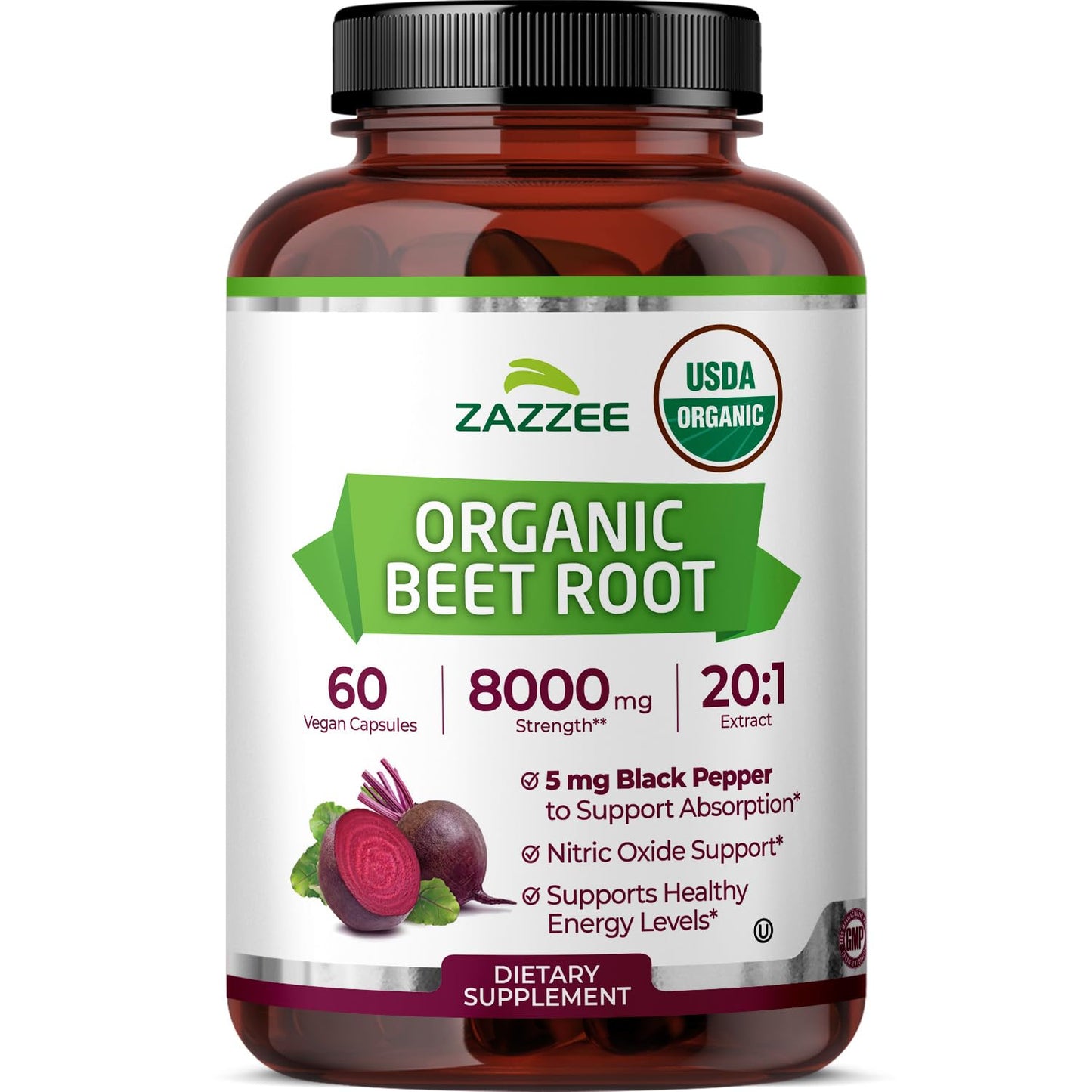 Zazzee USDA Organic Beet Root 20:1 Extract, 120 Vegan Quick Release Capsules, 4 Month Supply, Nitric Oxide Support, Black Pepper Extract for Enhanced Absorption, Certified Kosher, Non-GMO, Made in USA