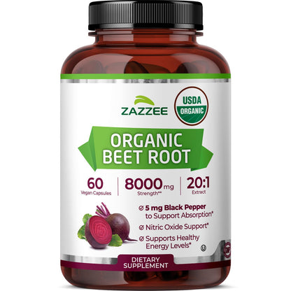 Zazzee USDA Organic Beet Root 20:1 Extract, 120 Vegan Quick Release Capsules, 4 Month Supply, Nitric Oxide Support, Black Pepper Extract for Enhanced Absorption, Certified Kosher, Non-GMO, Made in USA