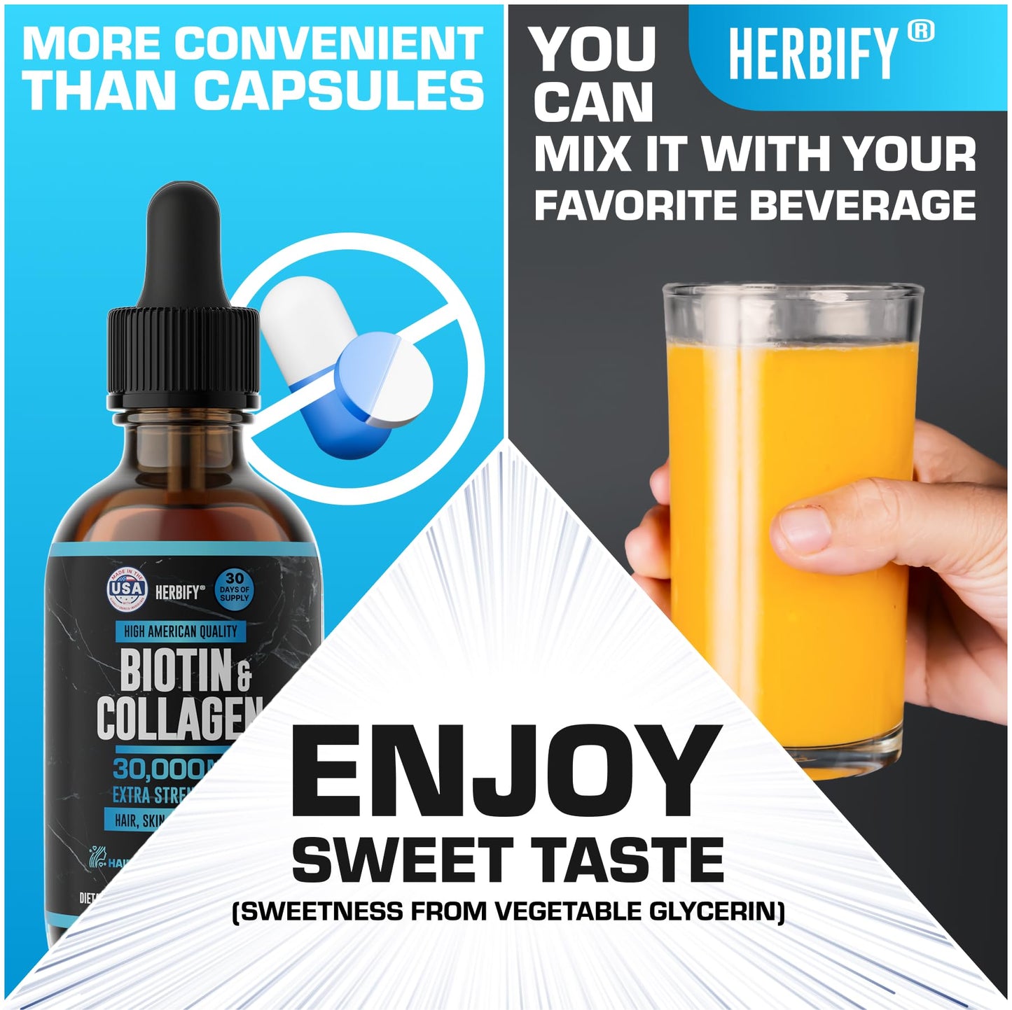 HERBIFY Liquid Biotin and Collagen Drops for Women & Men, 30 Days of Supply - Support Hair, Skin & Nails - Liquid Collagen for Women - 2 FL Oz Made in USA