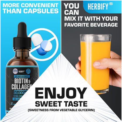 HERBIFY Liquid Biotin and Collagen Drops for Women & Men, 30 Days of Supply - Support Hair, Skin & Nails - Liquid Collagen for Women - 2 FL Oz Made in USA