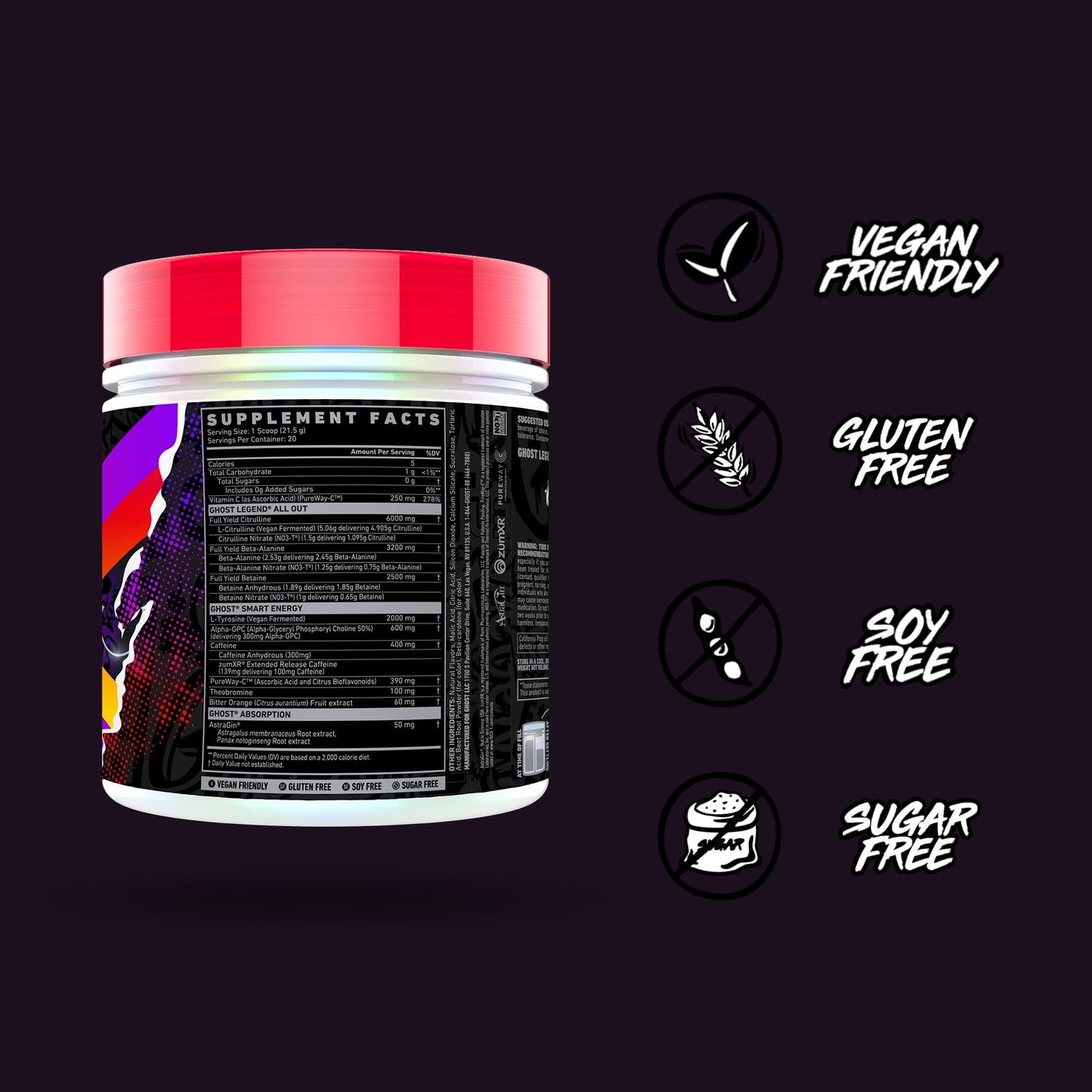 GHOST Legend All Out Pre-Workout Powder, Strawbango - 20 Servings - Preworkout Drink Mix Supplement for Men & Women - Energy & Pumps - Caffeine, Beta Alanine, Betaine, NO3-T- Sugar Free