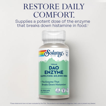 SOLARAY DAO Enzyme - Digestive Enzyme that Breaks Down Histamine - 60,000 HDU - Digestive Enzymes - Vegan, Gluten Free, Lab Verified - 30 Servings, 30 VegCaps