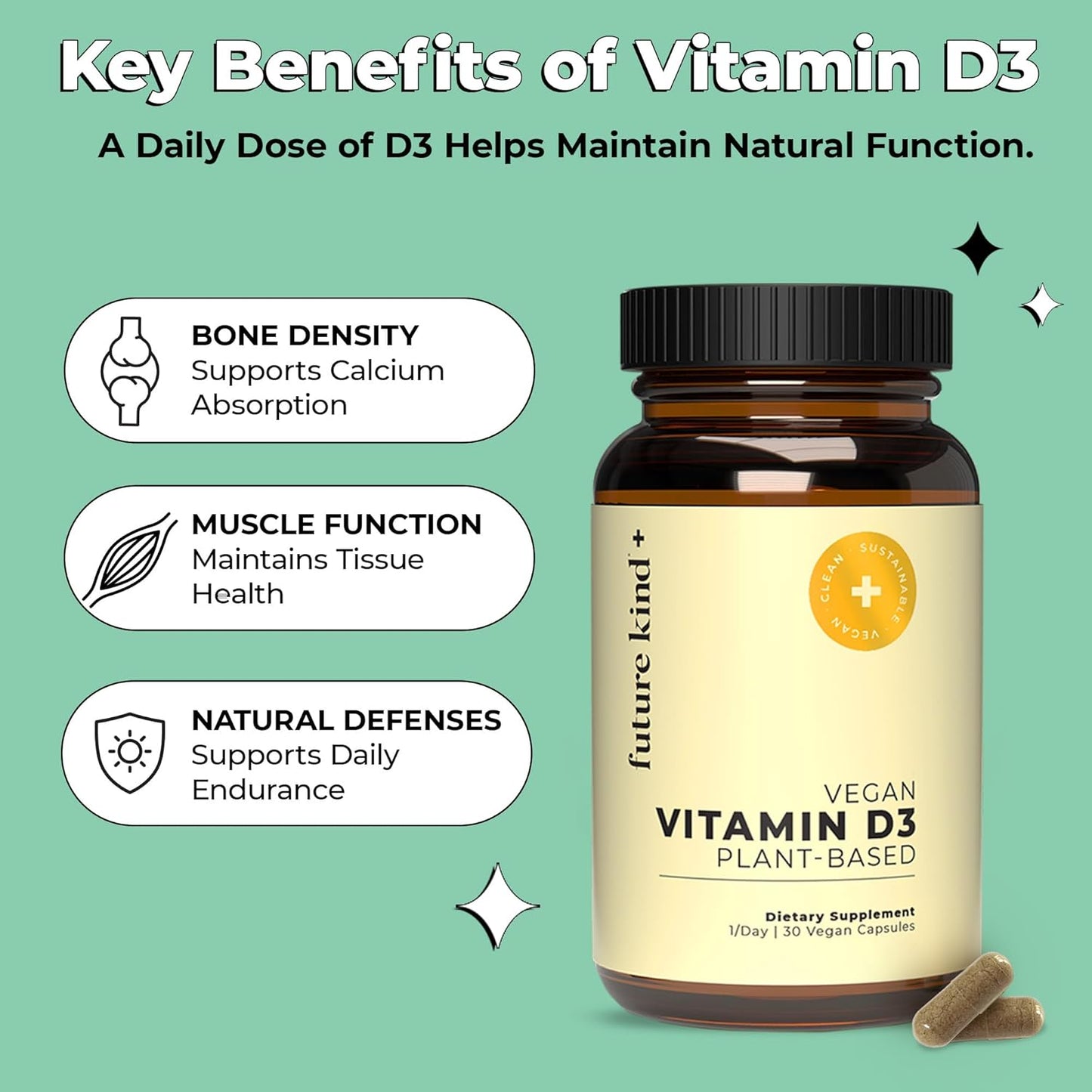 Future Kind Vitamin D3 2500 IU for Bone and Muscle Function, Vitamin D Vegan Supplement from Plant Lichen, Non-GMO, Sugar Free, Pure Vitamin D3, Promotes Natural Resilience, 30 Capsules