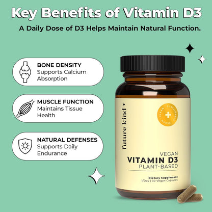 Future Kind Vitamin D3 2500 IU for Bone and Muscle Function, Vitamin D Vegan Supplement from Plant Lichen, Non-GMO, Sugar Free, Pure Vitamin D3, Promotes Natural Resilience, 30 Capsules