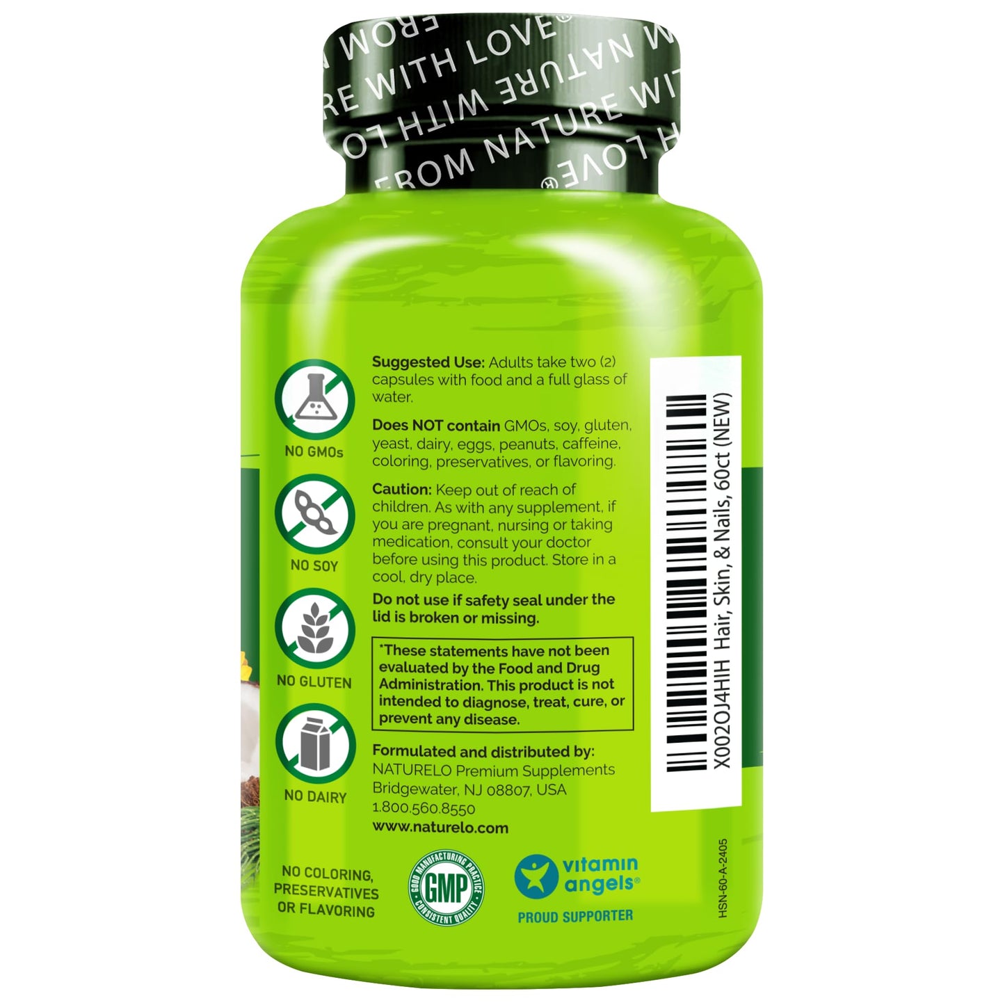 NATURELO Hair, Skin and Nails Vitamins - 5000 mcg Biotin, Collagen, Natural Vitamin E - Supplement for Healthy Skin, Hair Growth for Women and Men – 60 Capsules