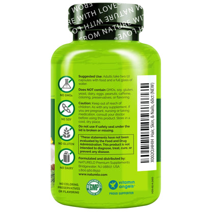 NATURELO Hair, Skin and Nails Vitamins - 5000 mcg Biotin, Collagen, Natural Vitamin E - Supplement for Healthy Skin, Hair Growth for Women and Men – 60 Capsules