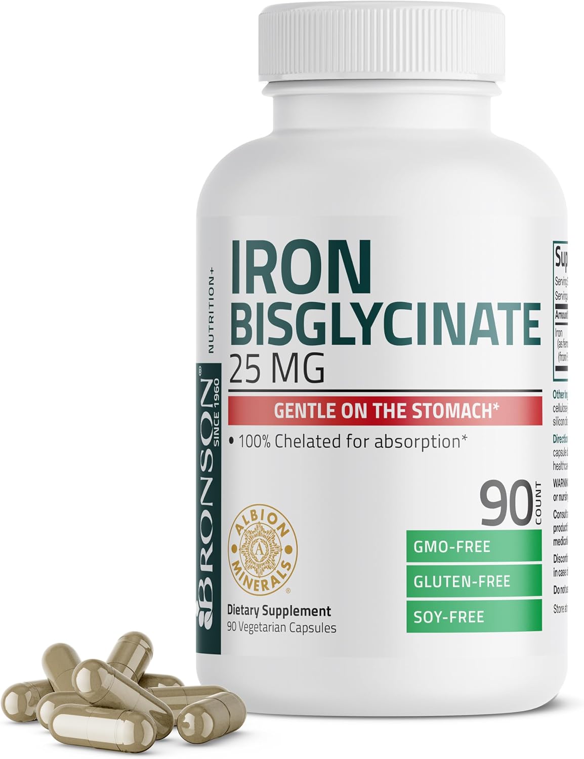 Bronson Iron Bisglycinate 25 mg, 90 Vegetarian Capsules | Gentle on the Stomach, Non-Constipating, Supports Energy & Red Blood Cell Production, Non-GMO, Gluten-Free & Soy-Free