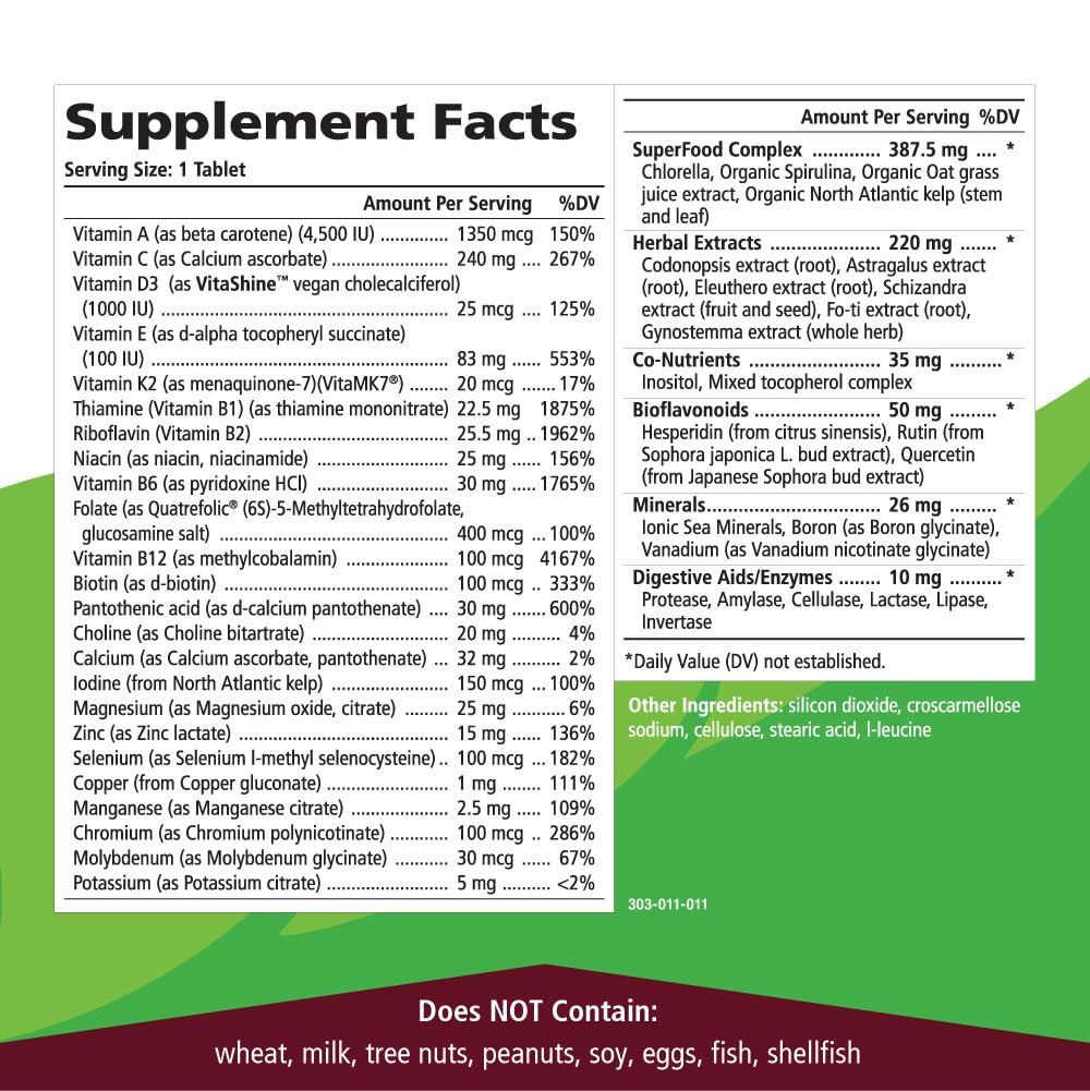One n Only Whole Food Multivitamin by Pure Essence - Super Energetic Once a Day with Superfoods, Minerals, Enzymes, Vitamin D, D3, B12, Biotin - 90 Tablets