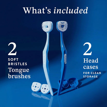 Soft Bristle Tongue Brush for Adults for Bad Breath, Halitosis & Oral Hygiene - Tongue Scraper Brush with Ergonomic Handle & Protective Cap for Easy Storage & Travel - 2 Pack