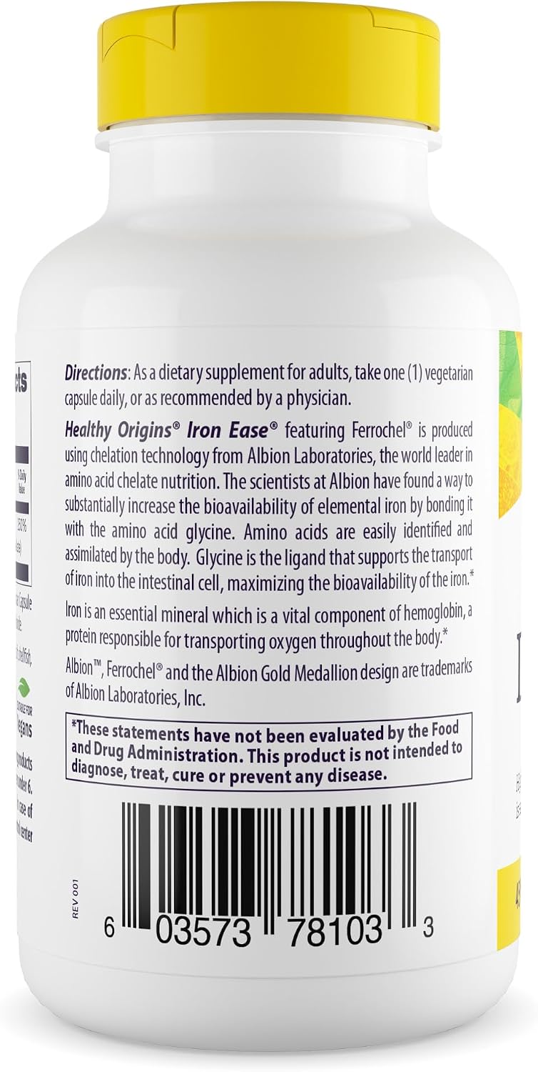 Healthy Origins Iron Ease Ferrochel 45 mg, 180 Veggie Caps