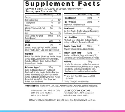 Livingood Daily Greens & Superfood Powder, Super Greens for Gut Health, Green Juice Powder with Spirulina, Chlorella, and Digestive Enzymes, Probiotics for Digestive Support, Berry, 30 Servings
