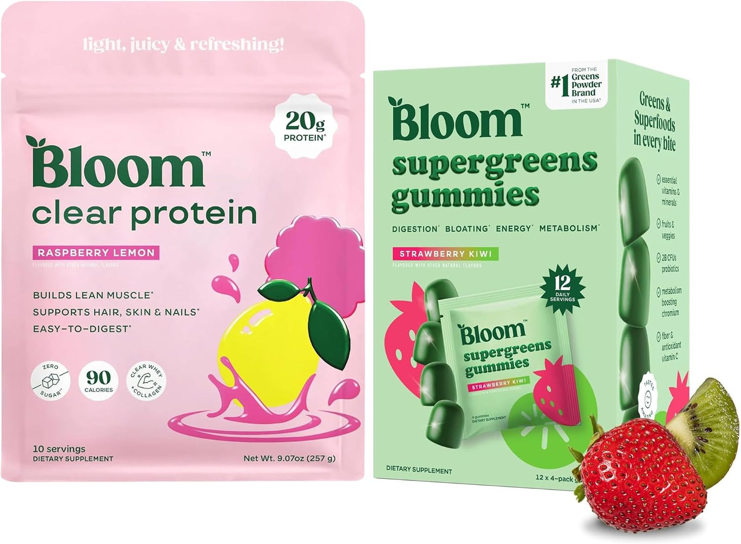 Bloom Raspberry Lemonade Clear Protein and Greens Gummies Bundle