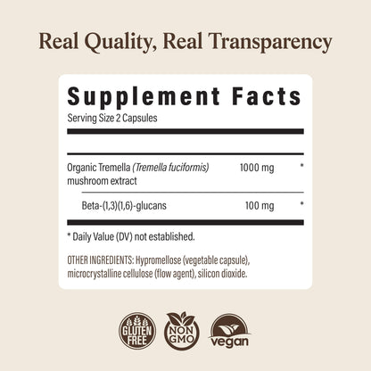 Real Mushrooms Tremella Mushroom Extract 120 ct Blend for Daily Wellness Routine - Vegan, Non-GMO, Organic Supplements Humans Support Supplement