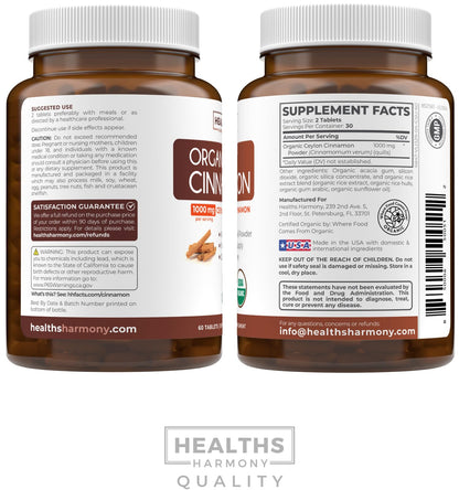 USDA Organic Ceylon Cinnamon Pills - High Potency Ceylon Cinnamon Supplement with 1000mg per Serving for Full Body Antioxidant Support - Vegan Non-GMO cGMP Made & Lab Verified (2 Months Supply)