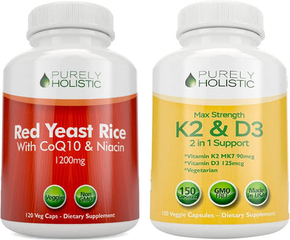 Purely Holistic Red Yeast Rice 1200mg with CoQ10 & Niacin + Vitamin D3 5000 IU (125mcg) & K2 MK7 90mcg Bundle - 270 Vegetarian Capsules - Made in USA