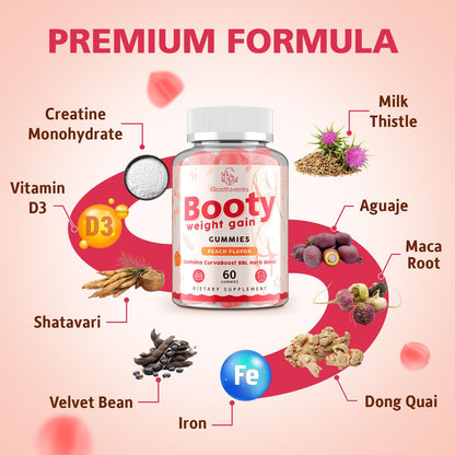Booty Gummies for Women, BBL Gummies Contains CurvaBoost BBL Herb Blend & Creatine Monohydrate for Booty, Curves & Energy, Zero Sugar, Vegan, Peach Flavor - 60 Counts