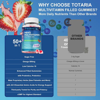 Totaria Sugar Free Multivitamin for Men with Omega 3, Probiotics, Mens Multivitamins Gummies w/Methylated B Complex, EAAs, Lycopene, Zinc, for Daily Energy, Immune, Heart, Iron Free, 60 Count