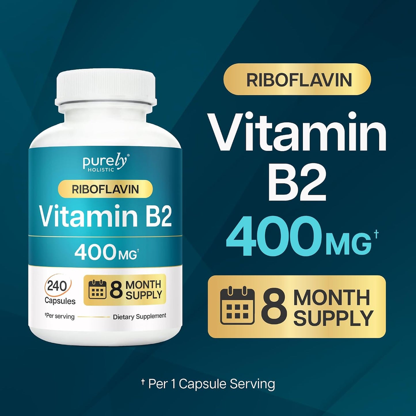 Vitamin B2 Riboflavin 400mg, 8 Month Supply Energy & Nervous System Support | One-a-Day Formula, B2 Vitamins for Energy Production Nutrient Conversion and Cellular Health Support, Vegan, 240 Capsules