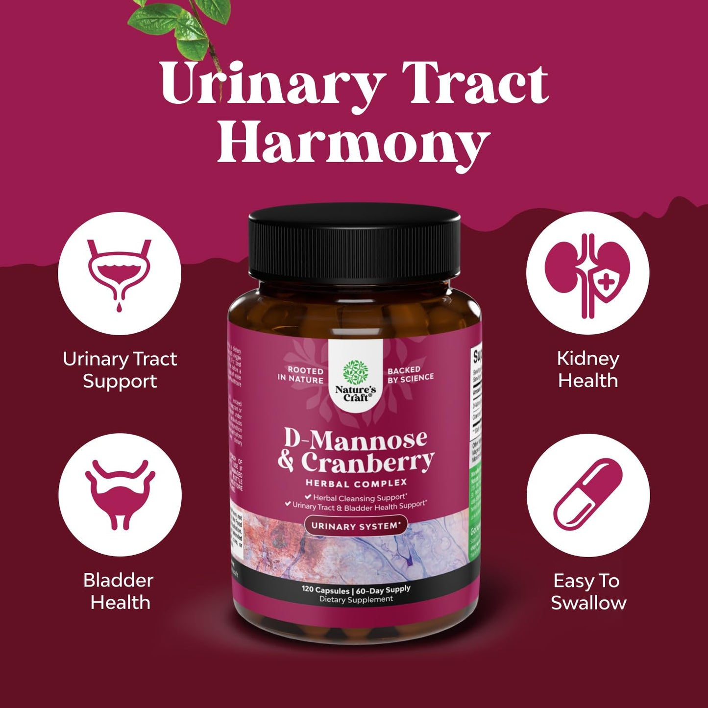 D Mannose with Cranberry Supplement - Potent D Mannose 1000mg Capsules for Kidney Defense Support & Cleanse and Urinary Tract Health for Women & Men - Bladder Health Supplement for Adults - 60 Count