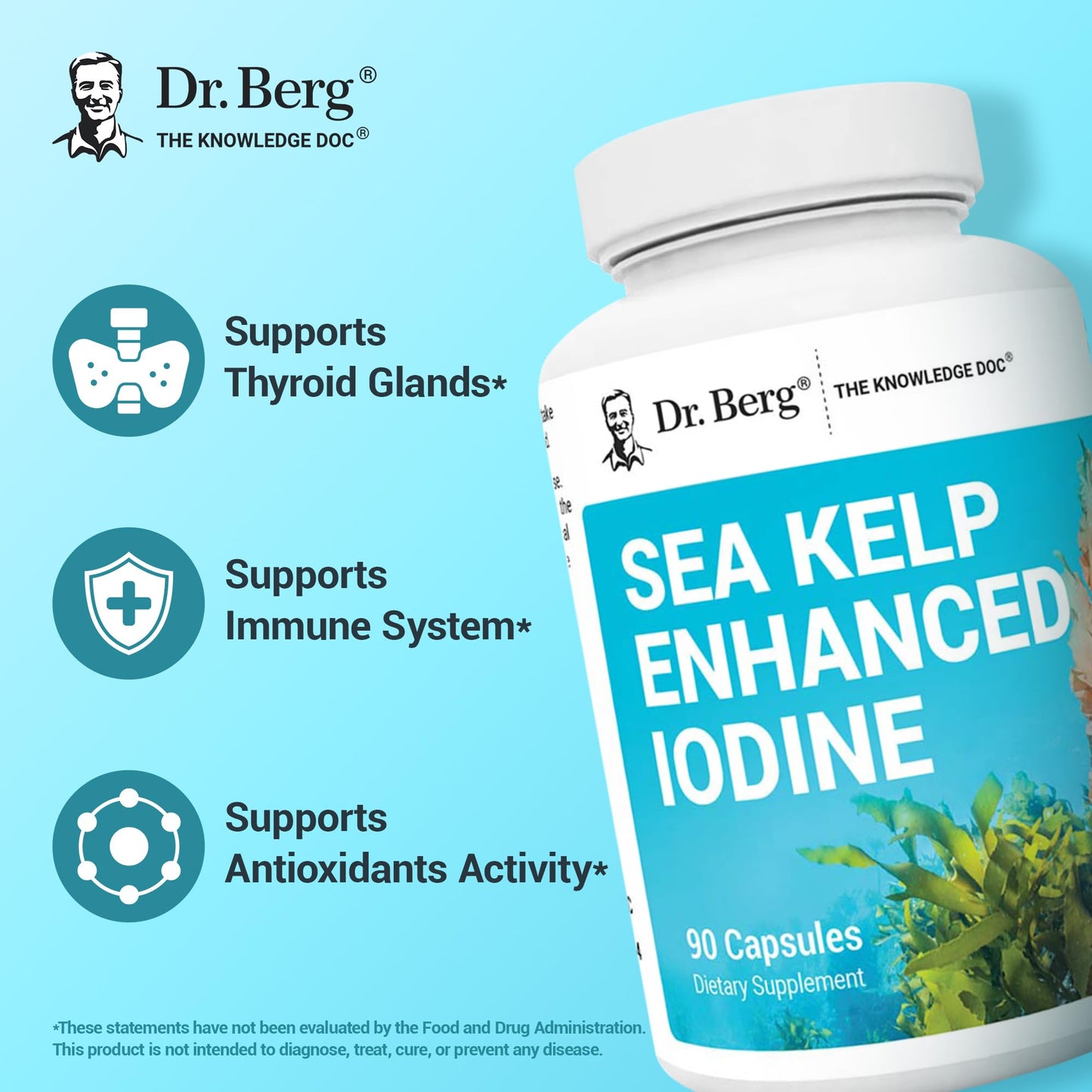 Dr. Berg Sea Kelp Enhanced Iodine - 200 mcg of Premium Iodine - Seaweed Blend Includes Klamath Blue-Green Algae & Sea Kelp - 90 Capsules
