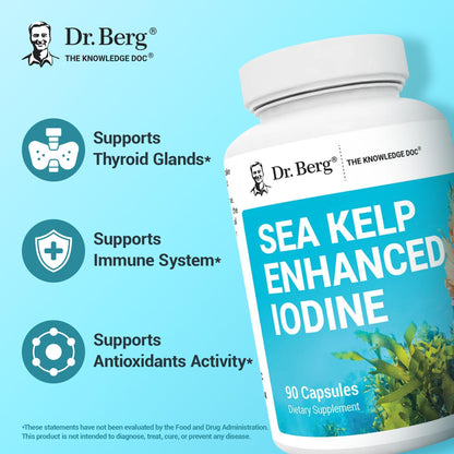 Dr. Berg Sea Kelp Enhanced Iodine - 200 mcg of Premium Iodine - Seaweed Blend Includes Klamath Blue-Green Algae & Sea Kelp - 90 Capsules