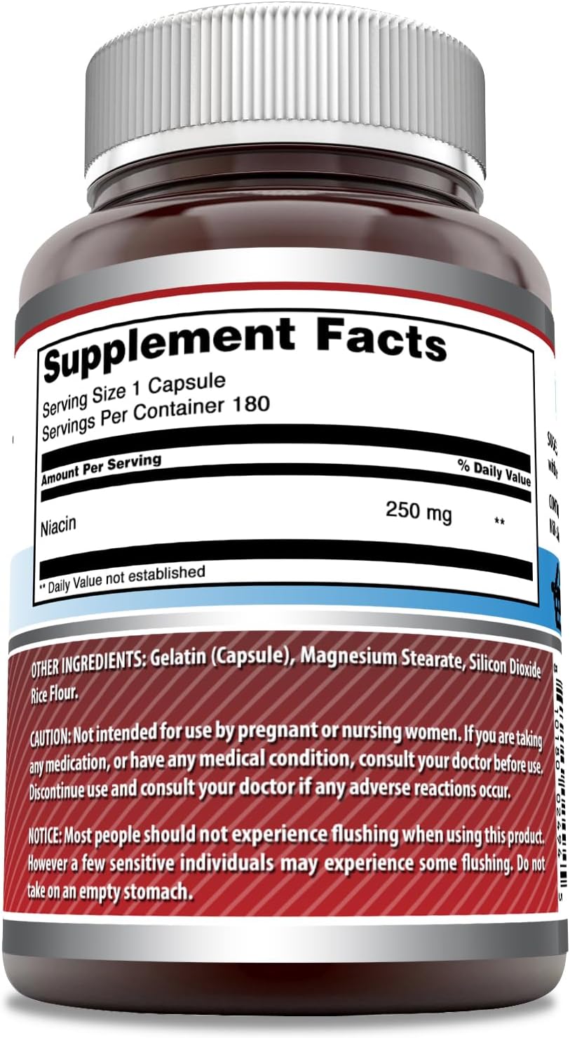 Amazing Formulas Niacin(Vitamin B3) 250 mg 180 Capsules Supplement | Non-GMO | Gluten Free | Made in USA